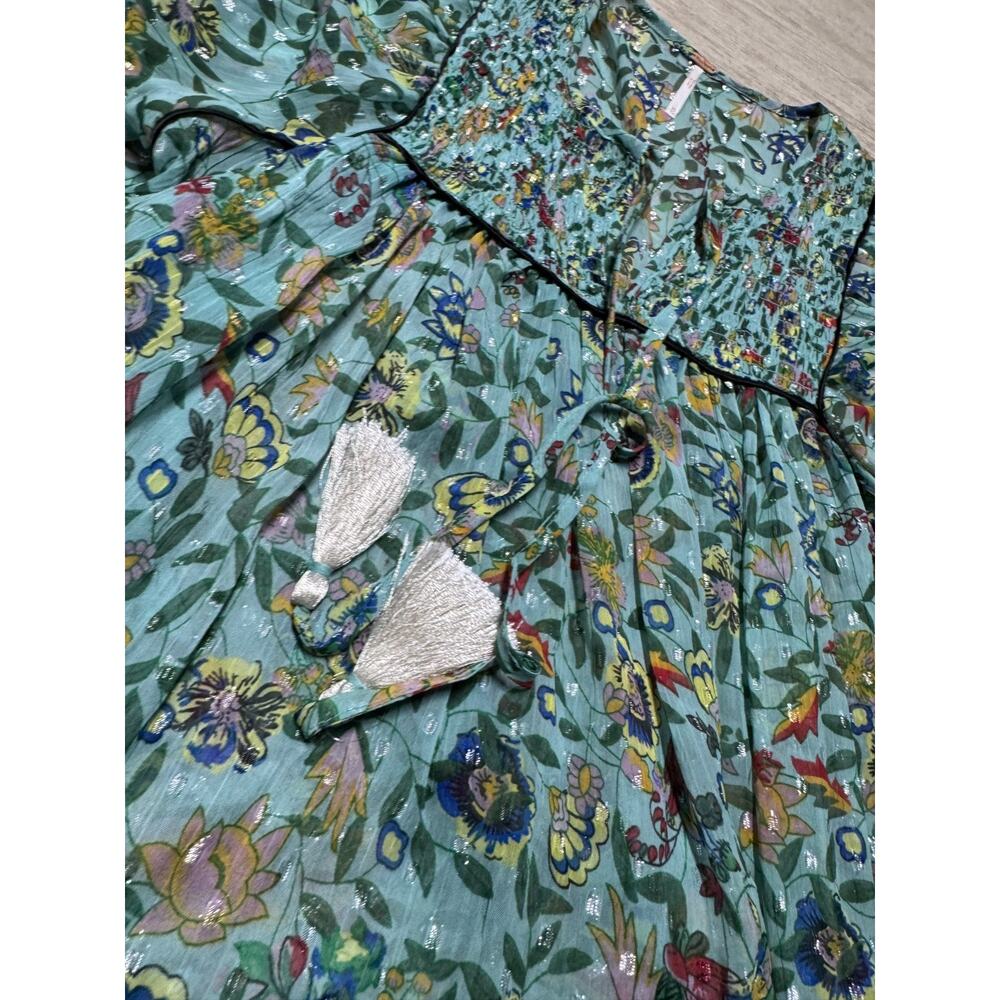 Free People Metallic Floral Midi Dress XS Puff Sleeve Light Blue Lined Oversized - Picture 2 of 9